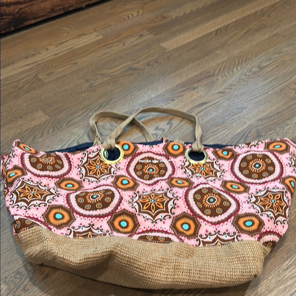 Peter Millar Pink and Tan Tote with Vibrant Pattern